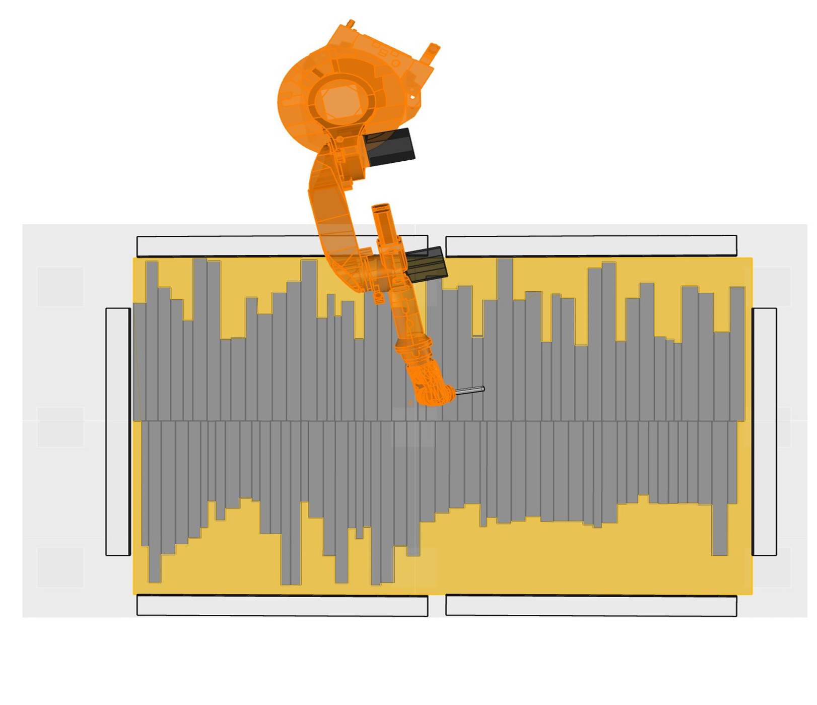 Top view of robotic drilling over aligned marble blocks